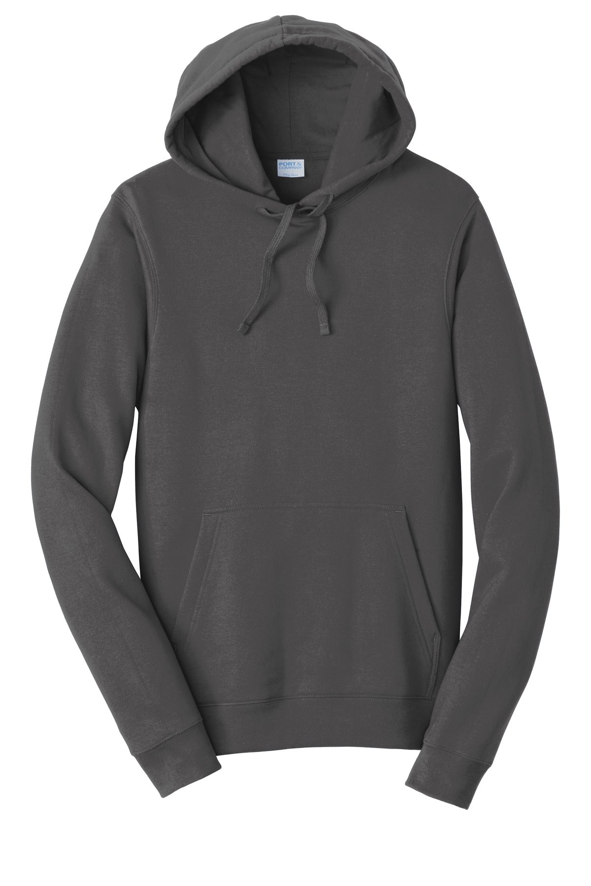 Front View of Charcoal Port & Co Fan Favorite Fleece Pullover Hooded Sweatshirt. PC850H