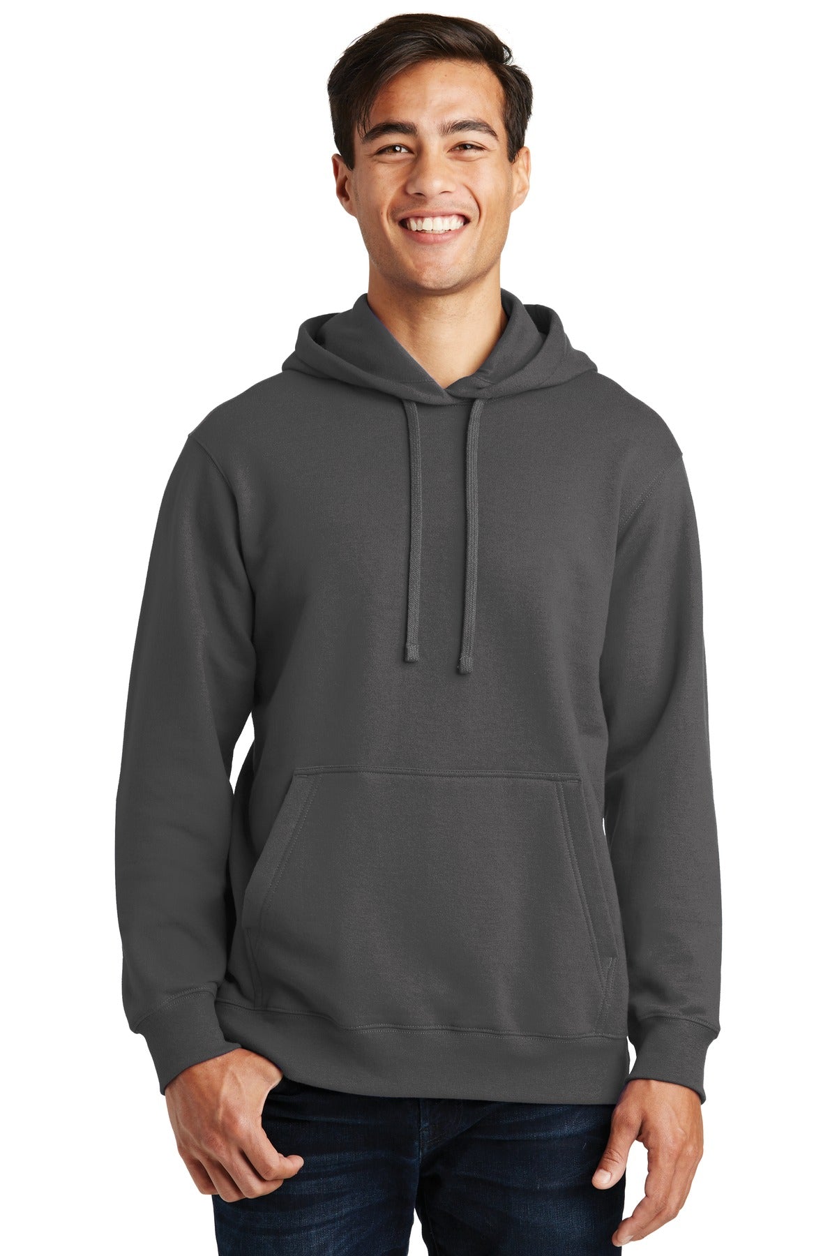 Front View of Charcoal Port & Co Fan Favorite Fleece Pullover Hooded Sweatshirt. PC850H