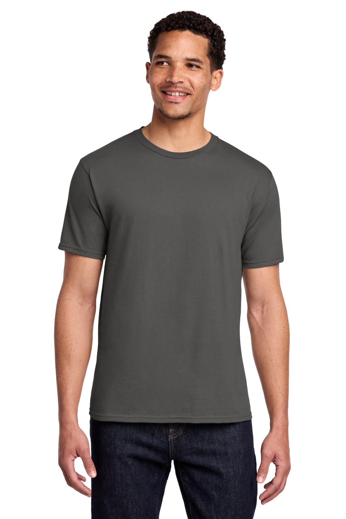 Front View of Charcoal Port & Co Fan Favorite Tee. PC450