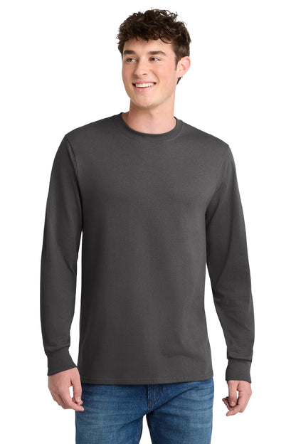 Front View of Charcoal Port & Co Long Sleeve Core Blend Tee. PC55LS