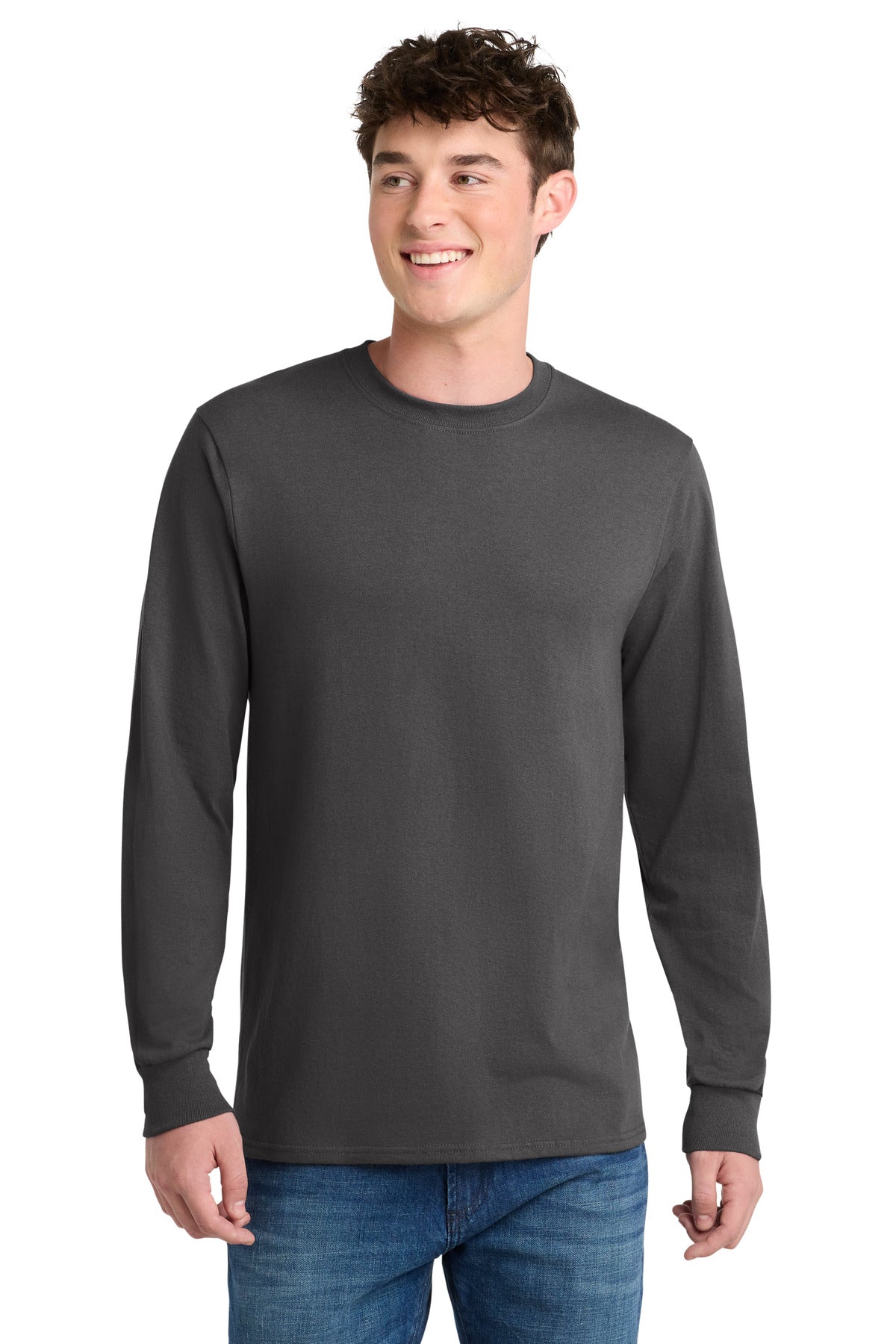 Front View of Charcoal Port & Co Long Sleeve Core Blend Tee. PC55LS