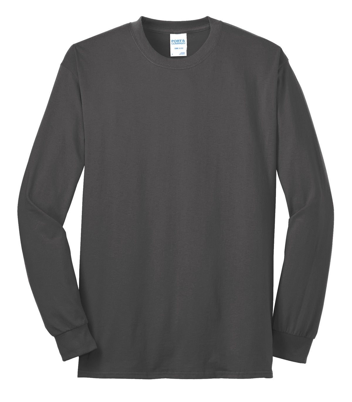 Front View of Charcoal Port & Co Long Sleeve Core Blend Tee. PC55LS