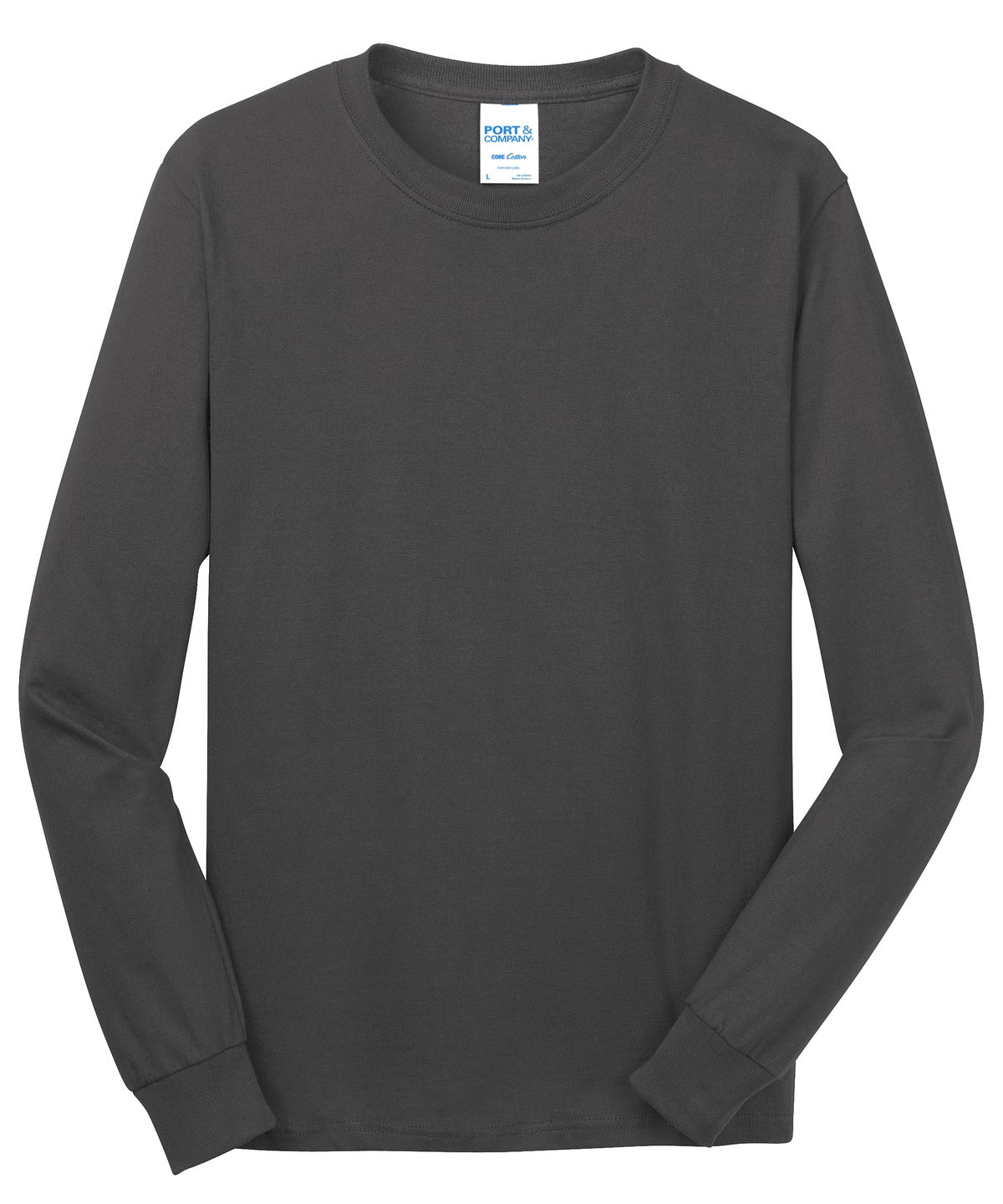 Front View of Charcoal Port & Co Long Sleeve Core Cotton Tee. PC54LS