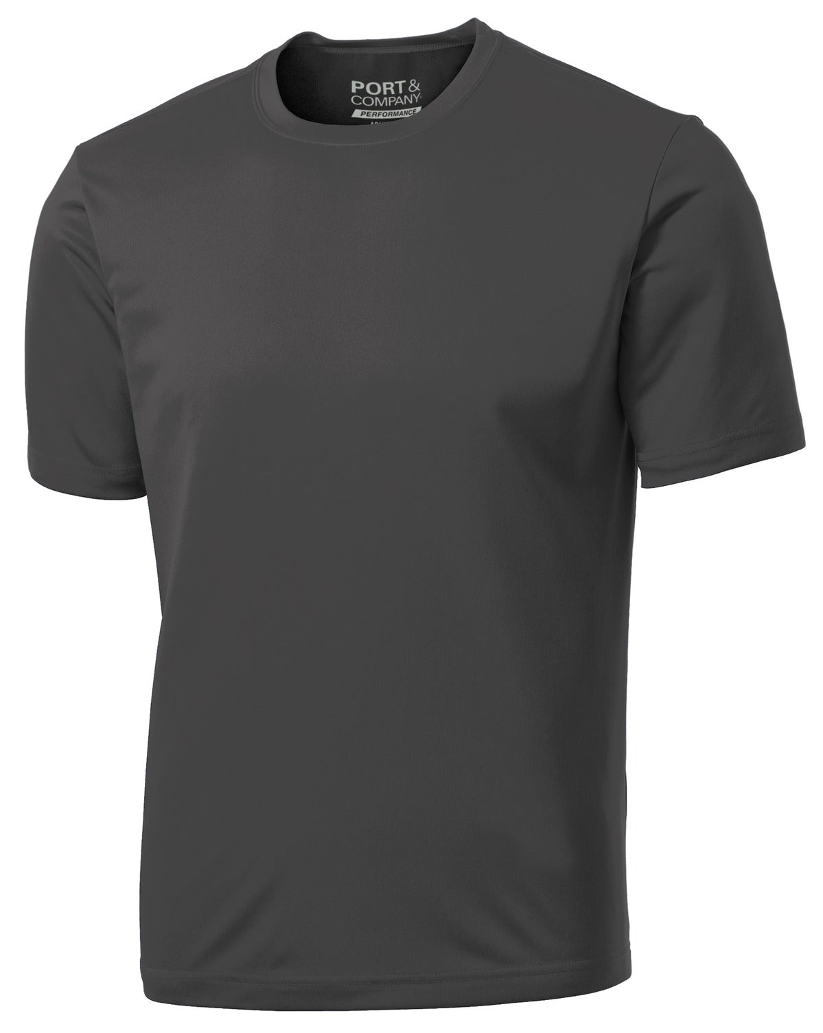 Front View of Charcoal Port & Co Performance Tee. PC380