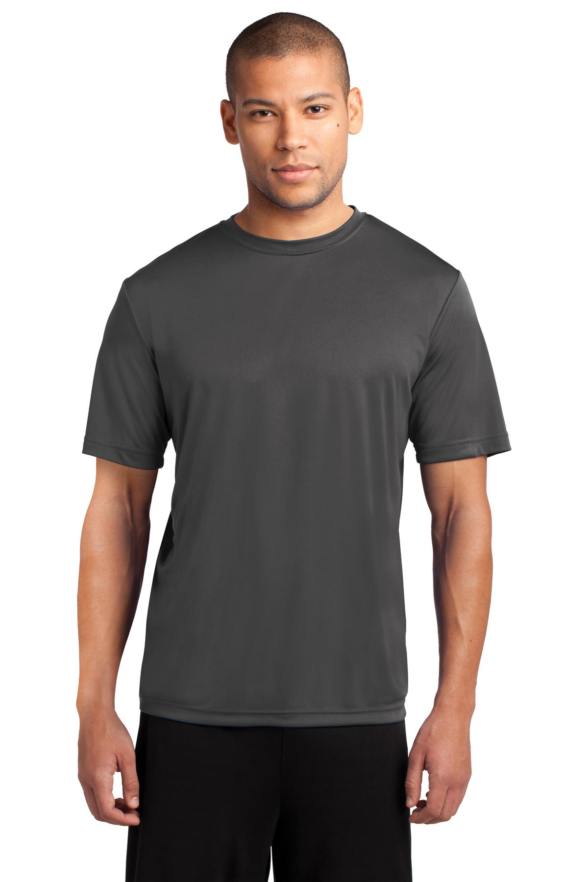 Front View of Charcoal Port & Co Performance Tee. PC380