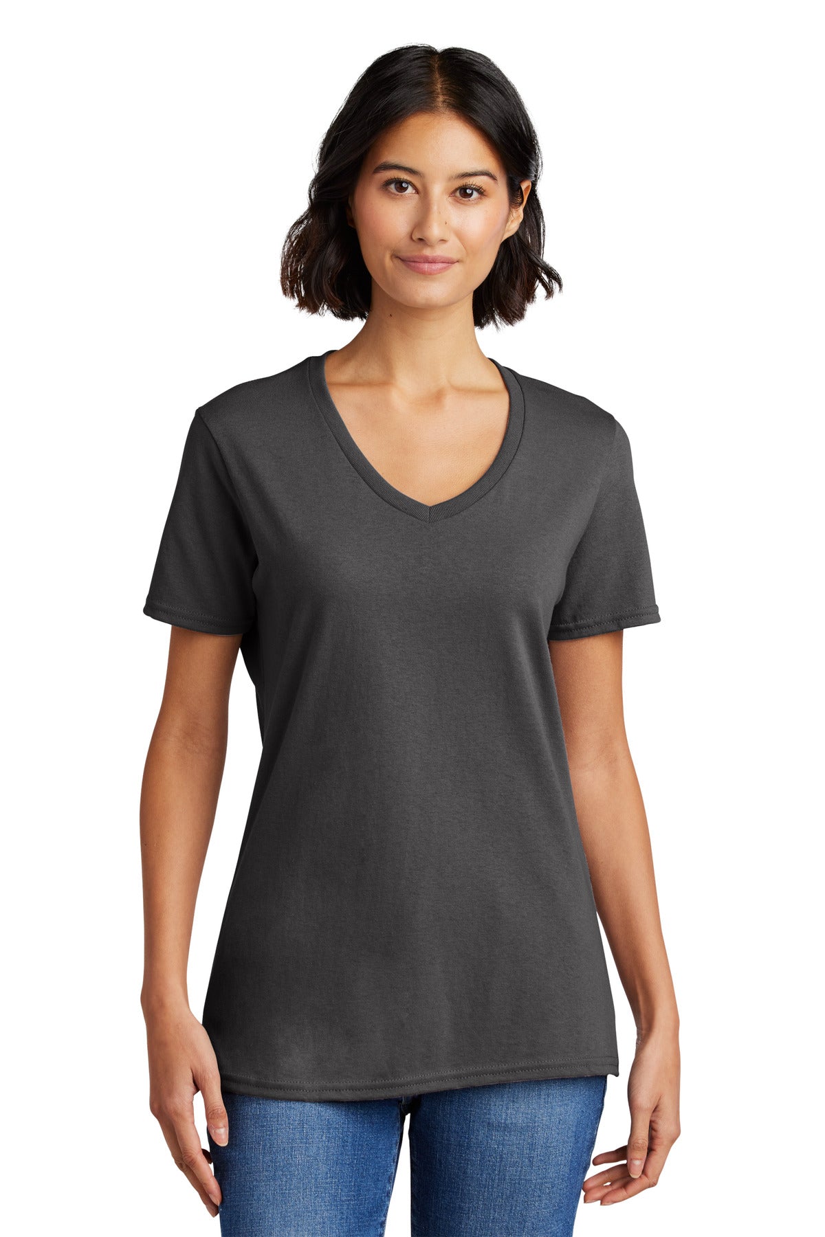 Front View of Charcoal Port & Co Women's Core Cotton V-Neck Tee. LPC54V