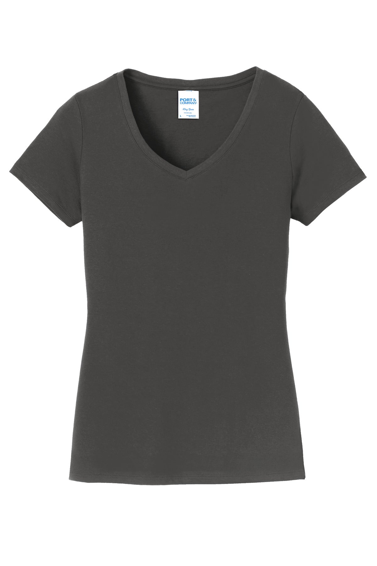 Front View of Charcoal Port & Co Women's Fan Favorite V-Neck Tee. LPC450V