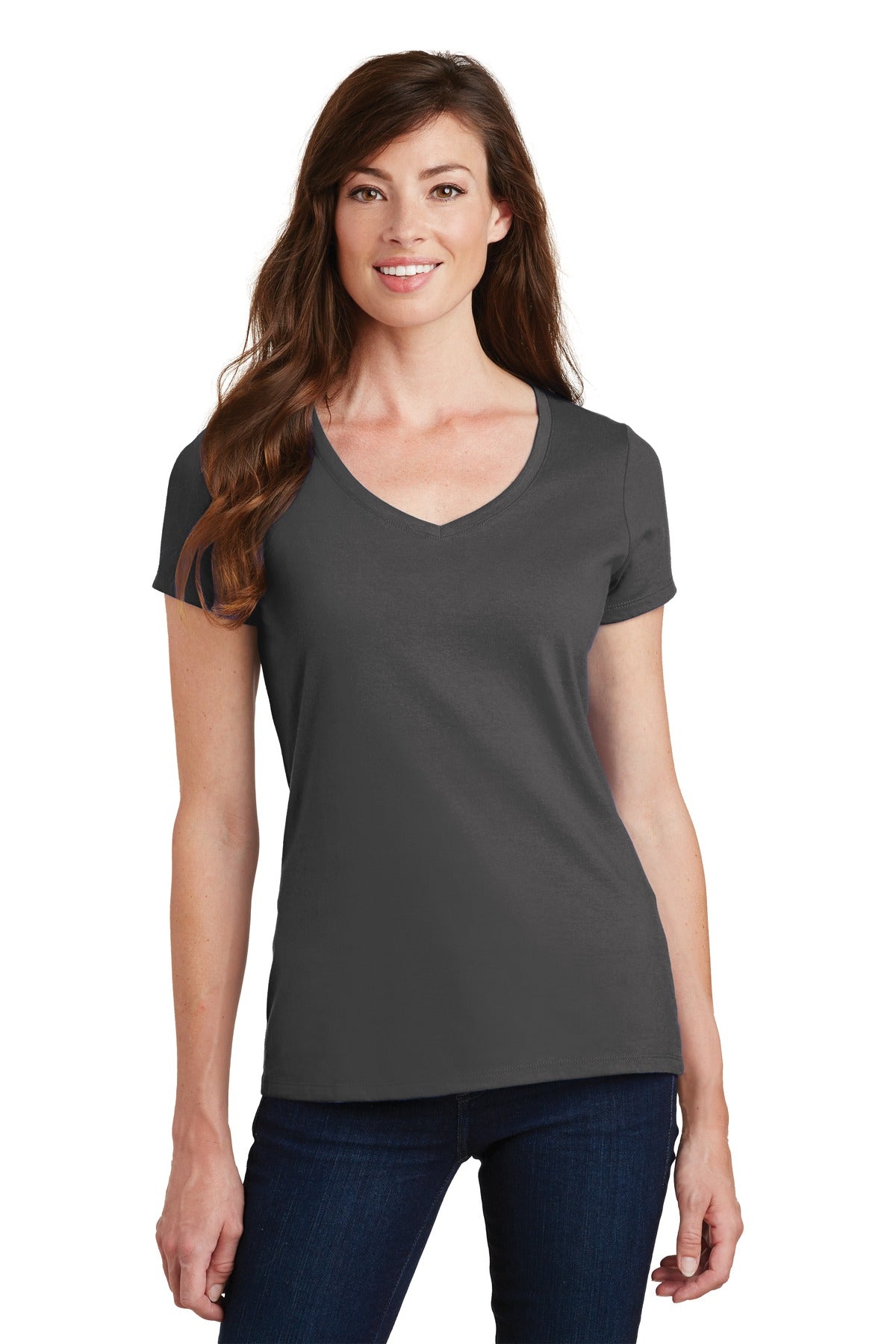 Front View of Charcoal Port & Co Women's Fan Favorite V-Neck Tee. LPC450V