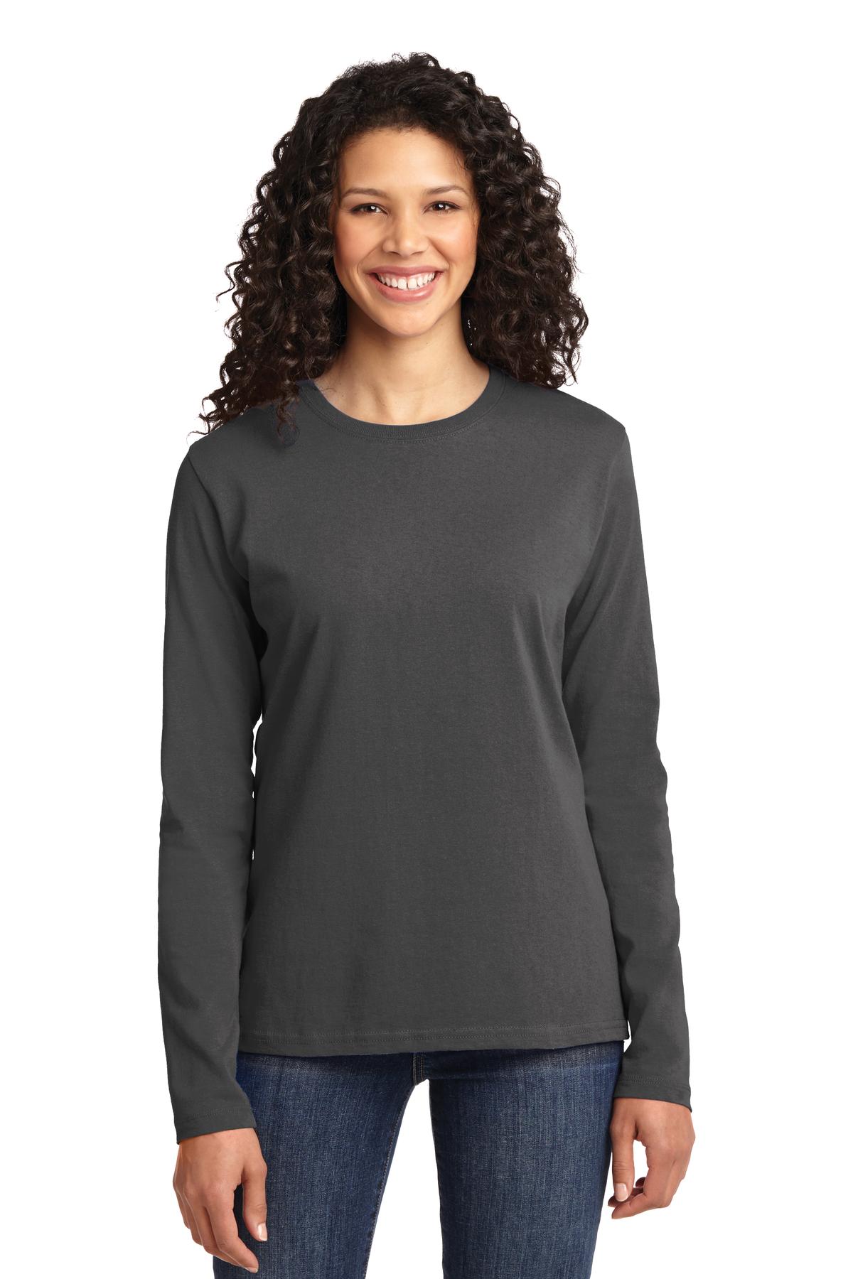 Front View of Charcoal Port & Co Women's Long Sleeve Core Cotton Tee. LPC54LS