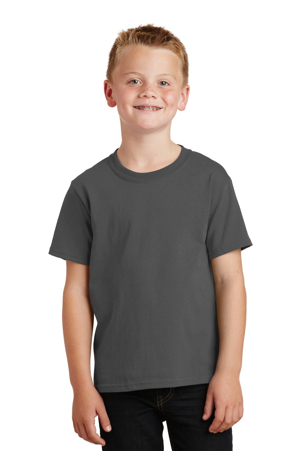 Front View of Charcoal Port & Co Youth Core Cotton Tee. PC54Y