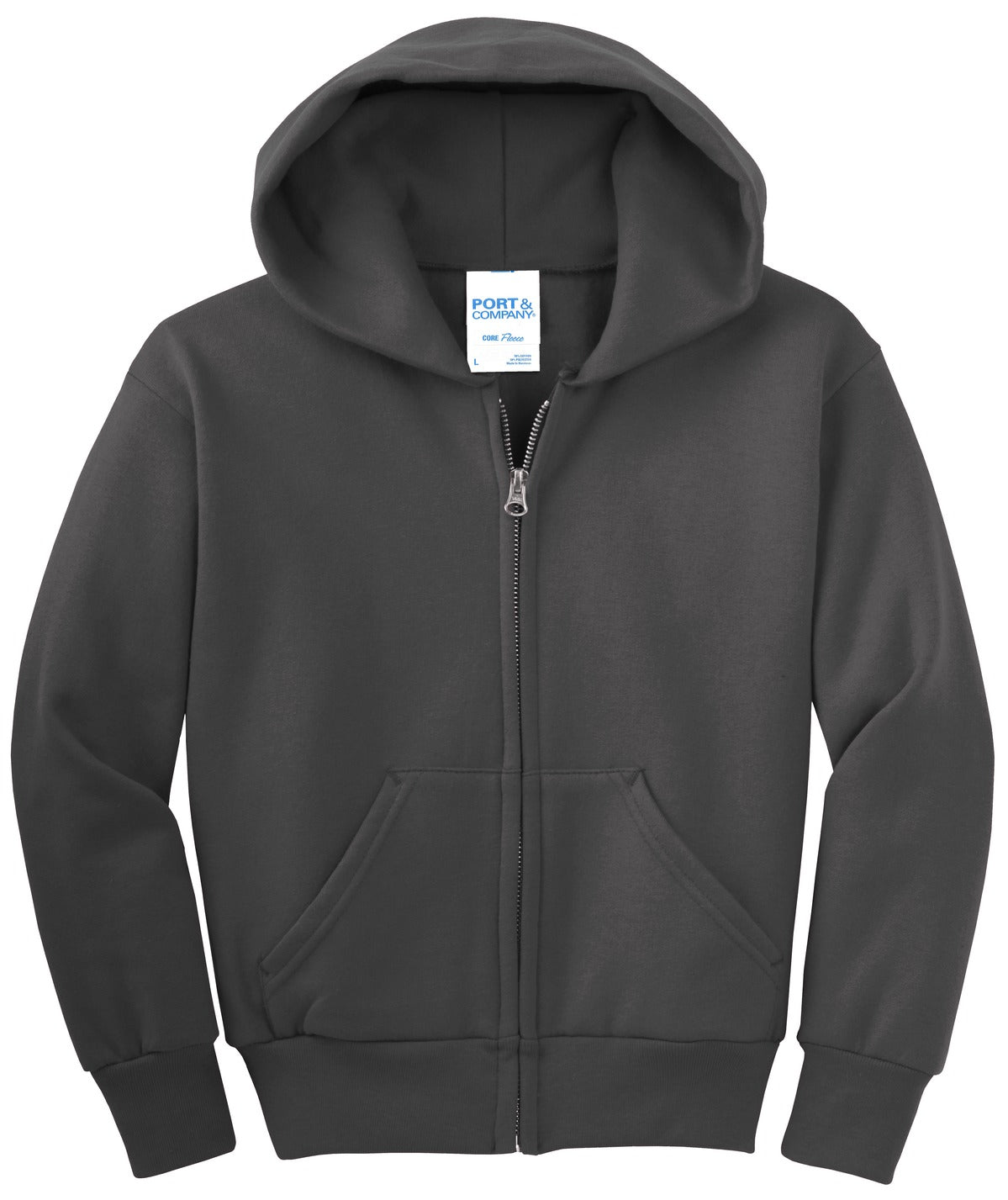 Front View of Charcoal Port & Co Youth Core Fleece Full-Zip Hooded Sweatshirt. PC90YZH