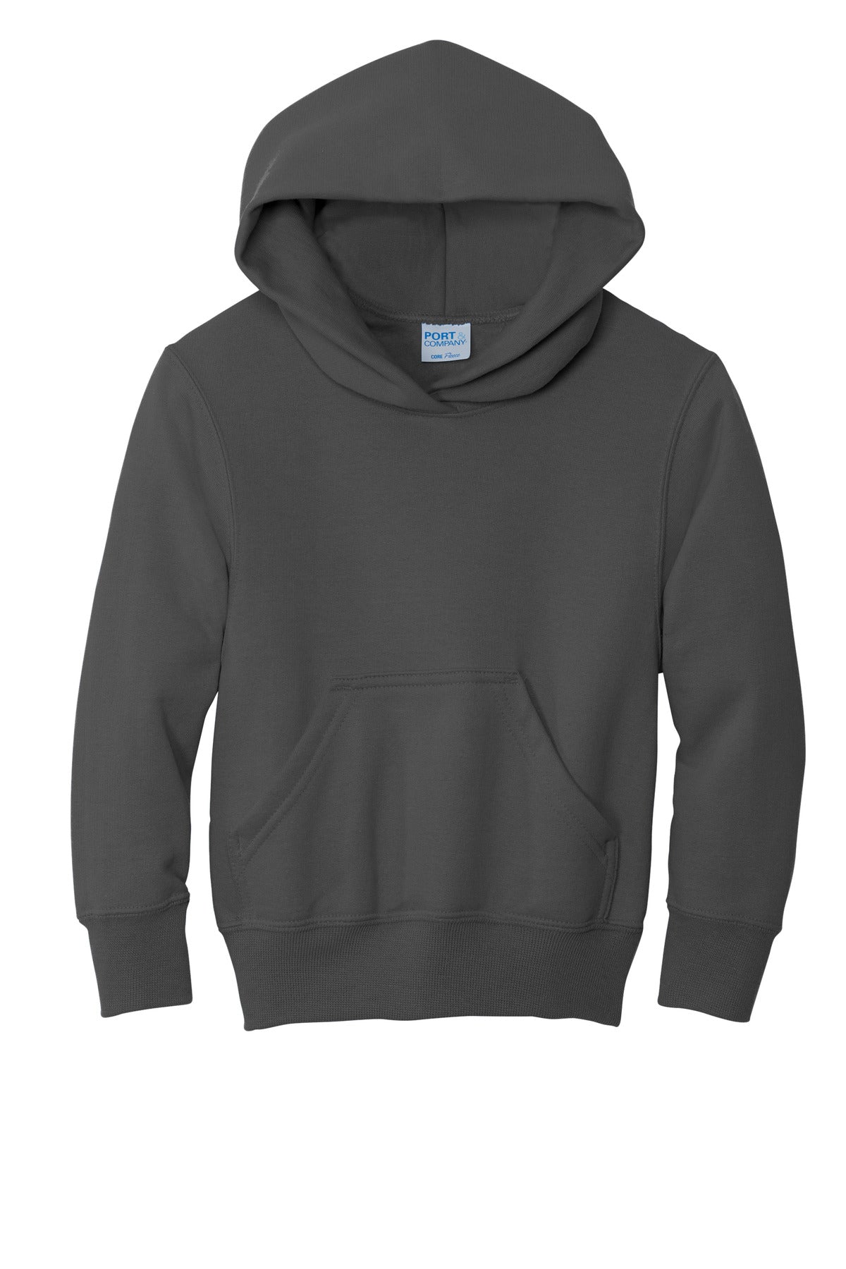 Front View of Charcoal Port & Co Youth Core Fleece Pullover Hooded Sweatshirt. PC90YH
