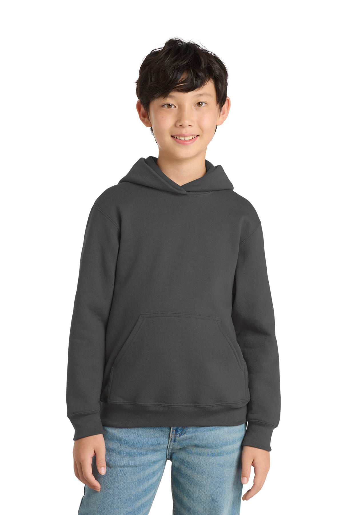 Front View of Charcoal Port & Co Youth Core Fleece Pullover Hooded Sweatshirt. PC90YH