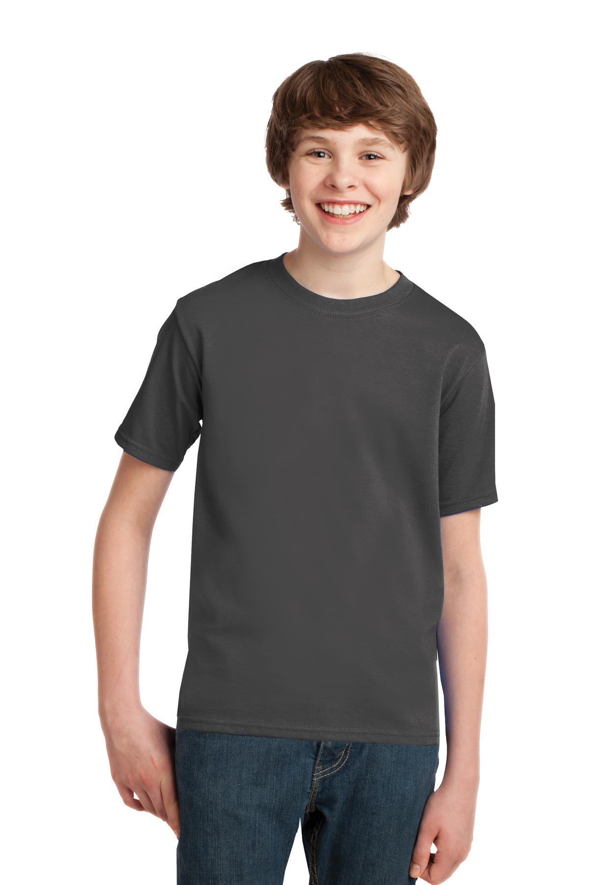 Front View of Charcoal Port & Co Youth Essential Tee. PC61Y