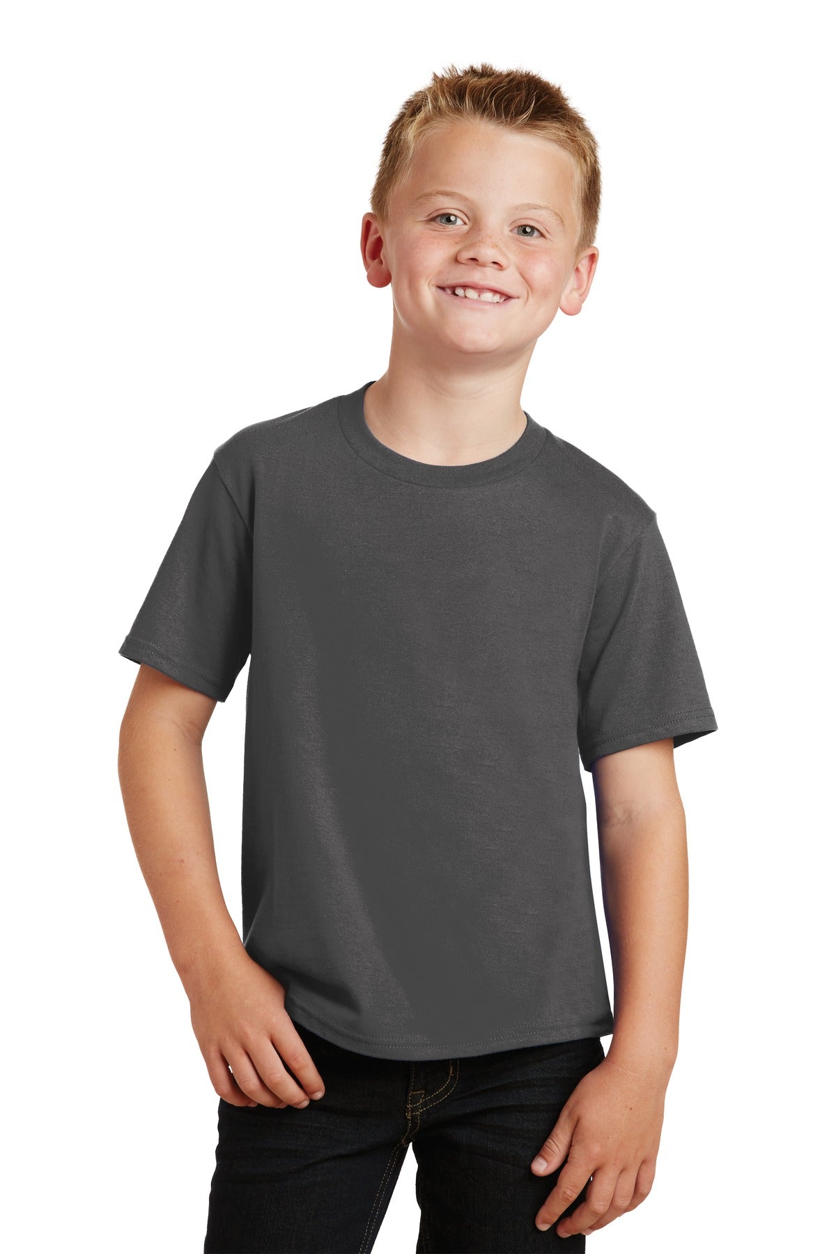 Front View of Charcoal Port & Co Youth Fan Favorite Tee. PC450Y