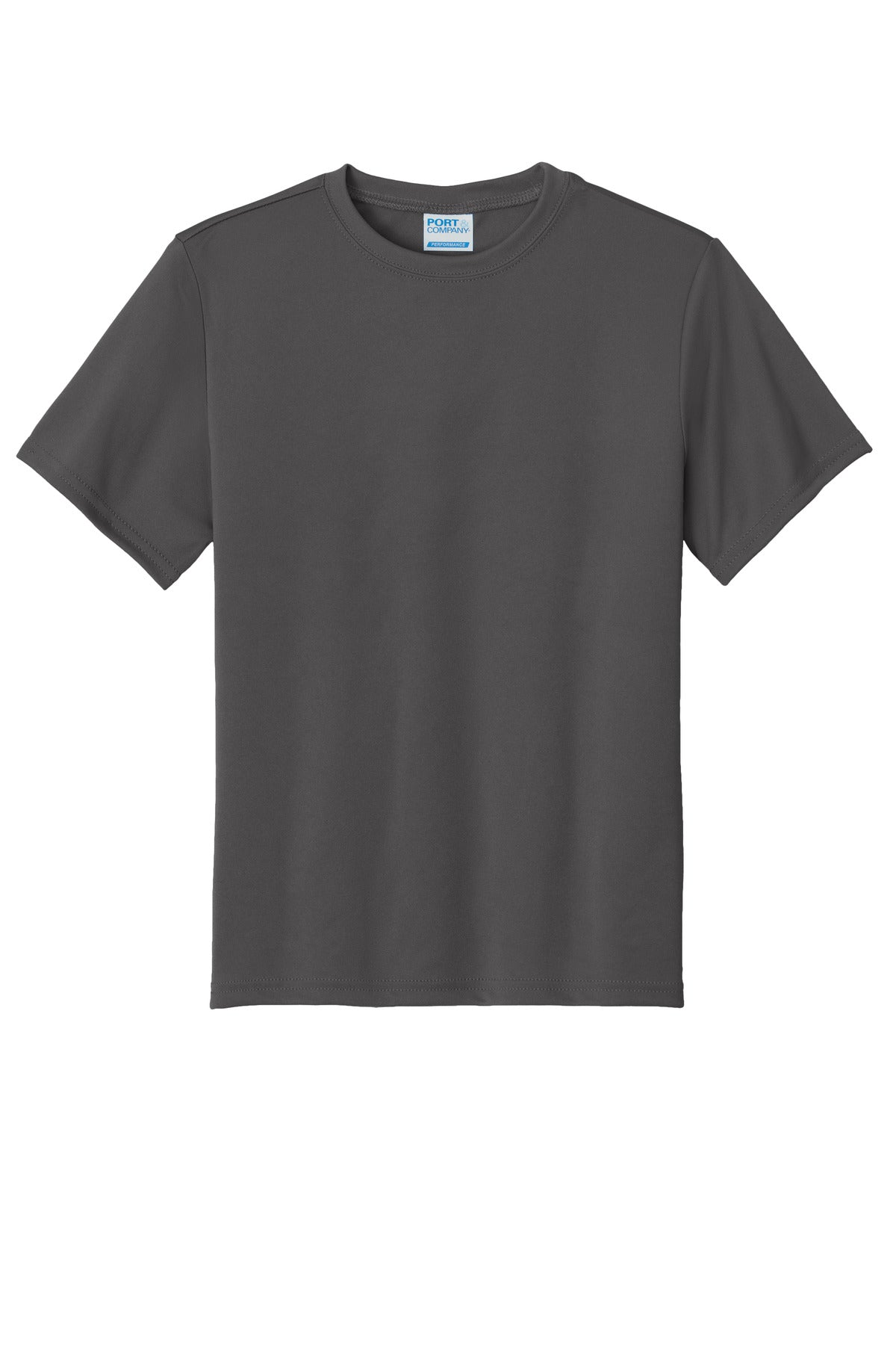 Front View of Charcoal Port & Co Youth Performance Tee. PC380Y