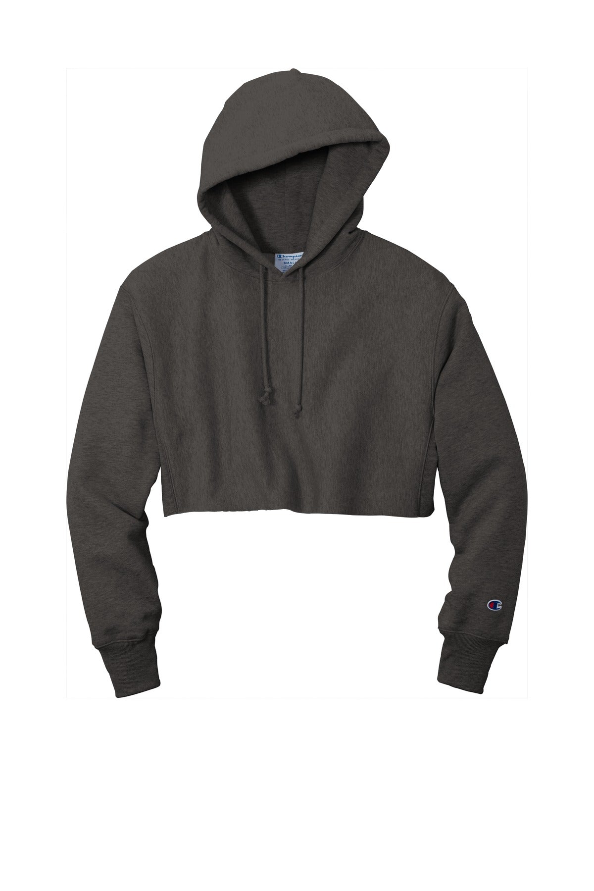 Front View of CharcoalHt Champion Women's Reverse Weave Cropped Cut-Off Hooded Sweatshirt RW01W
