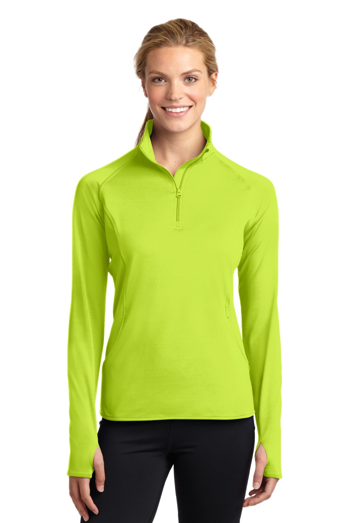 Front View of Charge Green Sport-Tek Women's Sport-Wick Stretch 1/4-Zip Pullover. LST850
