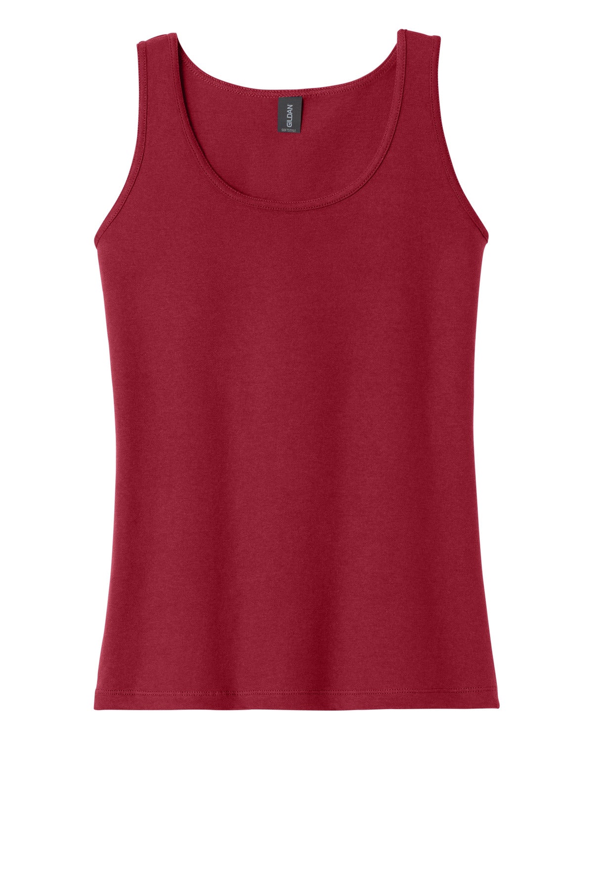 Front View of Cherry Red Gildan Softstyle Junior Fit Tank Top. 64200L
