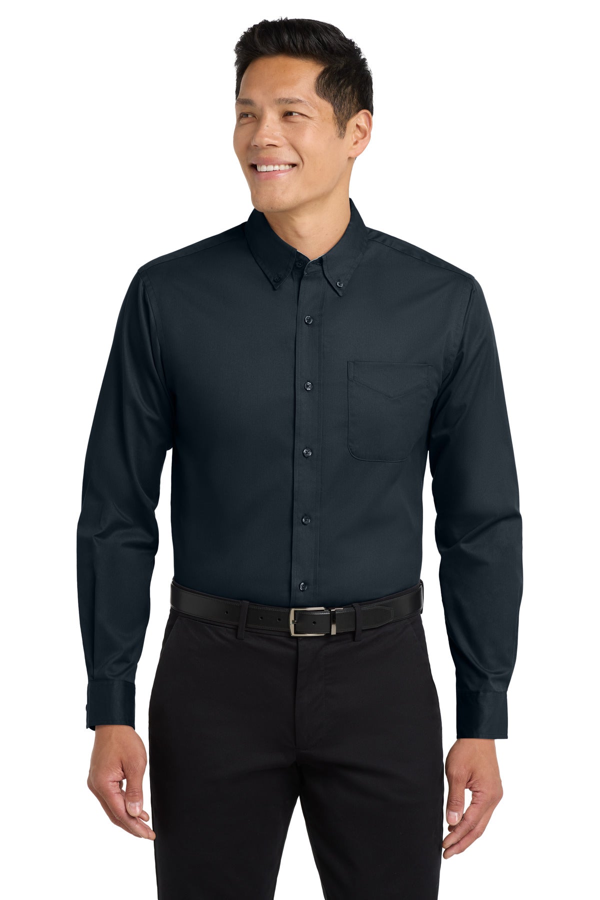 Front View of Cl Navy/Lt Stn Port Authority Long Sleeve Easy Care Shirt S608