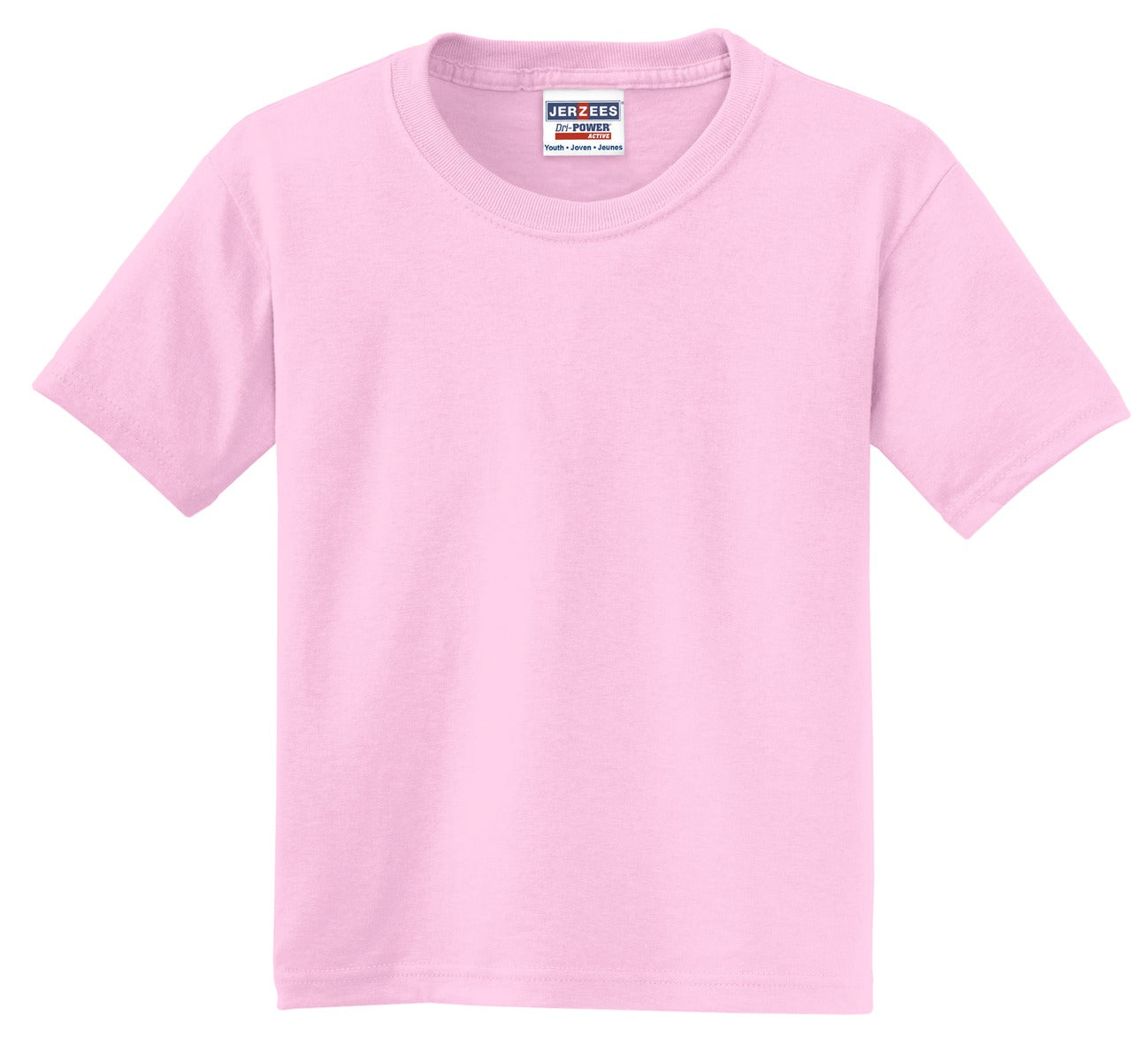 Front View of Classic Pink Jerzees - Youth Dri-Power 50/50 Cotton/Poly T-Shirt. 29B
