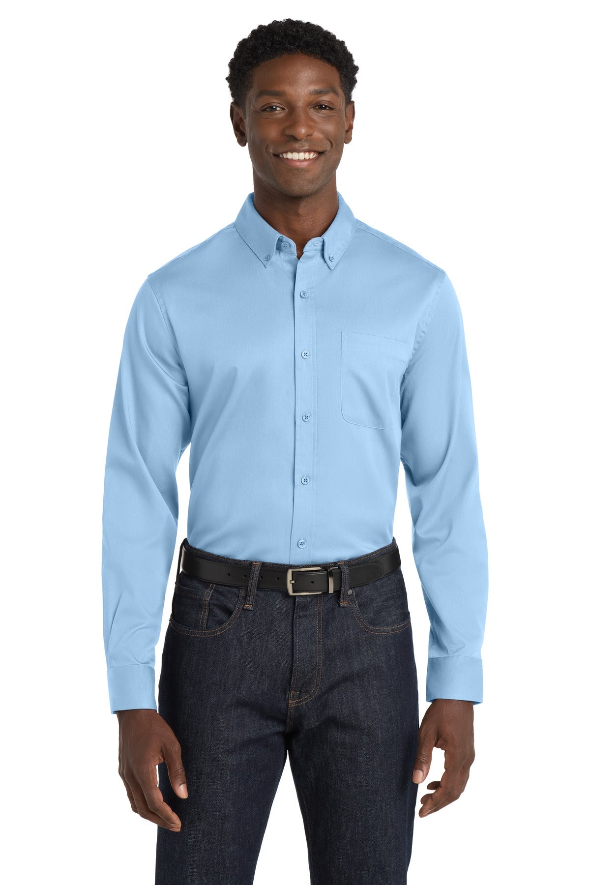 Front View of CloudBlue Port Authority Long Sleeve SuperPro React Twill Shirt. W808