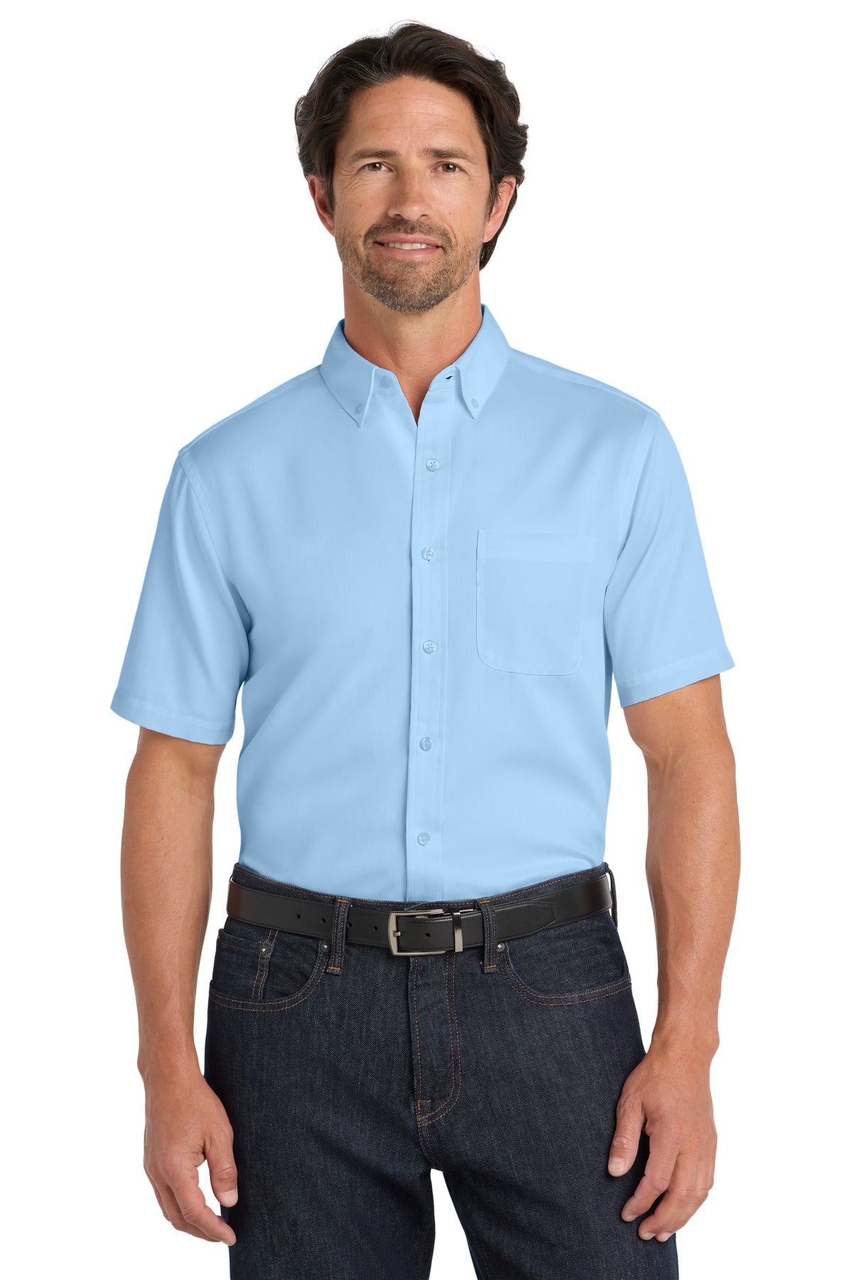 Front View of CloudBlue Port Authority Short Sleeve SuperPro React Twill Shirt. W809