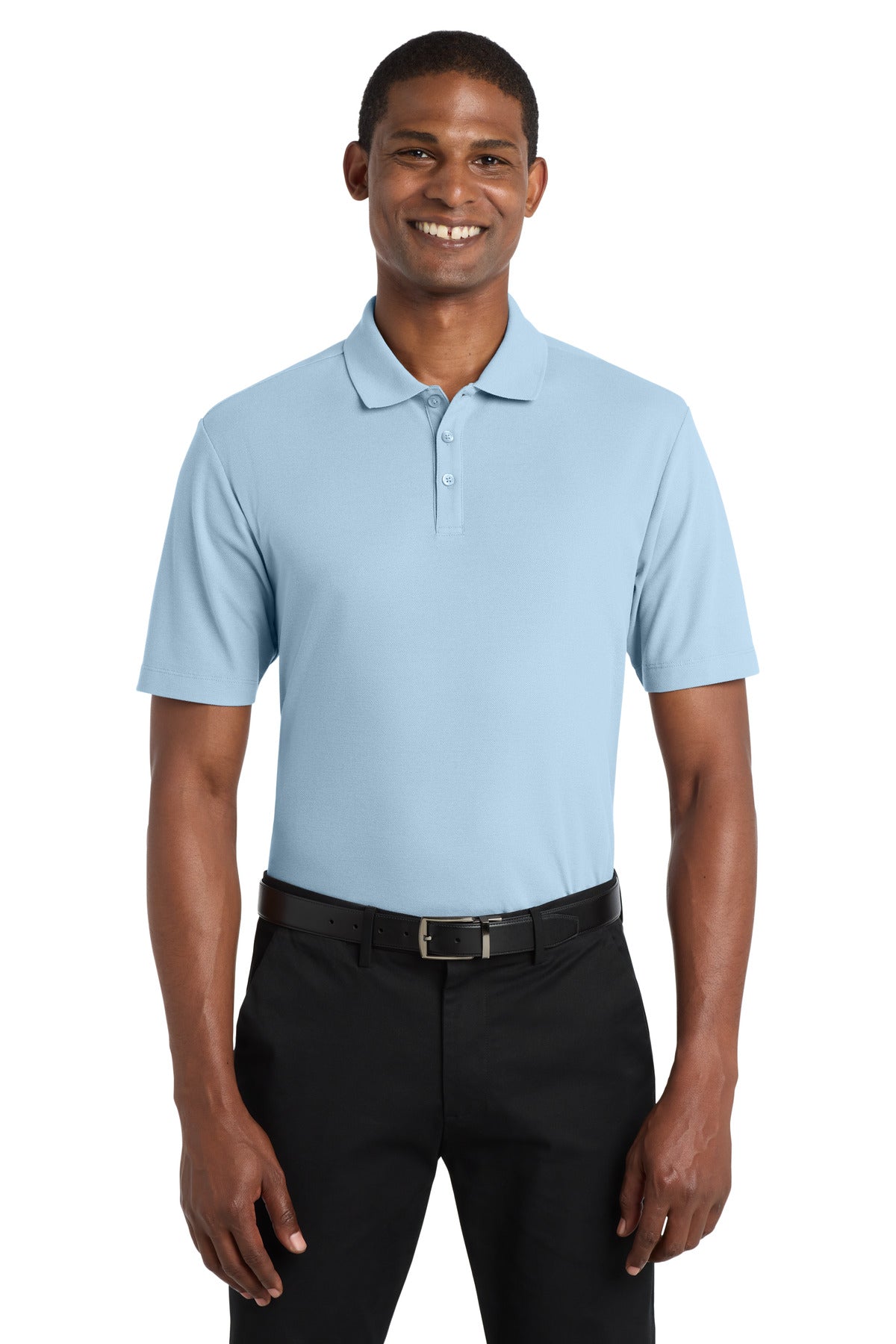 Front View of CloudBlue Port Authority SuperPro React Polo. K810
