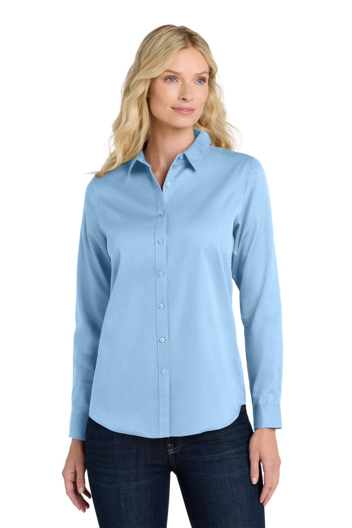 Front View of CloudBlue Port Authority Women's Long Sleeve SuperPro React Twill Shirt. LW808