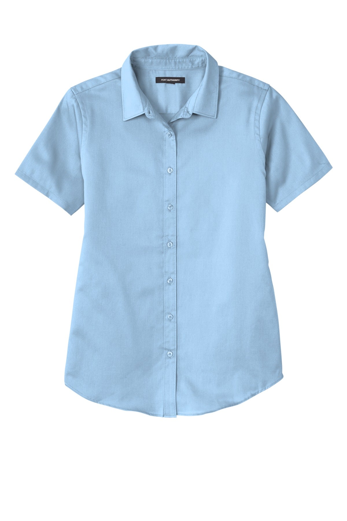 Front View of CloudBlue Port Authority Women's Short Sleeve SuperPro React Twill Shirt. LW809