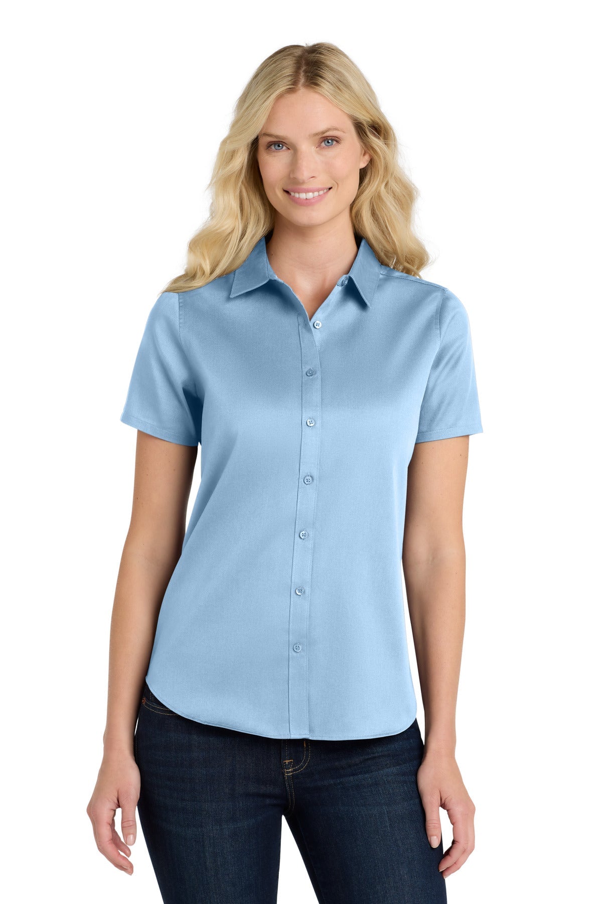 Front View of CloudBlue Port Authority Women's Short Sleeve SuperPro React Twill Shirt. LW809