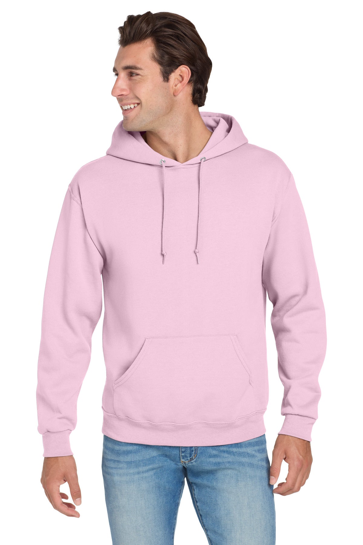 Front View of ClscPink Jerzees NuBlend Pullover Hooded Sweatshirt. 996M