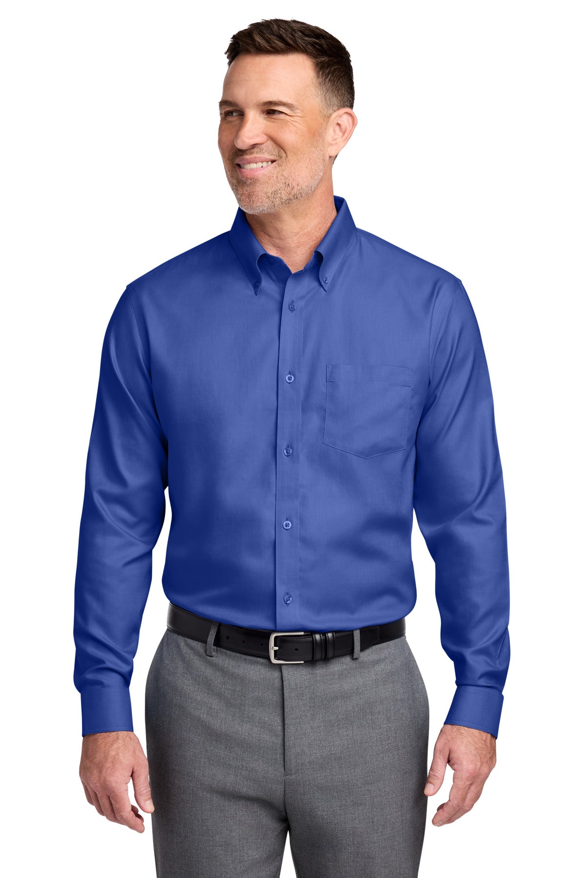 Front View of CobaltBl Brooks Brothers Tall Wrinkle-Free Stretch Nailhead Shirt TBB18002
