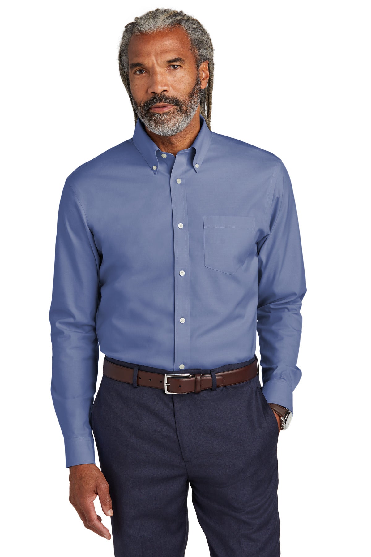 Front View of CobaltBl Brooks Brothers Tall Wrinkle-Free Stretch Pinpoint Shirt TBB18000