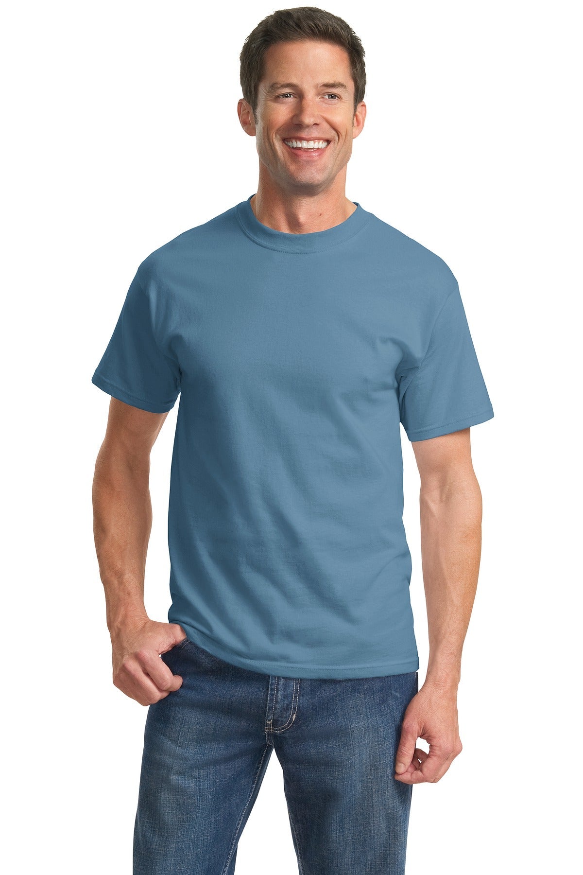 Front View of Colonial Blue Port & Co Tall Essential Tee. PC61T