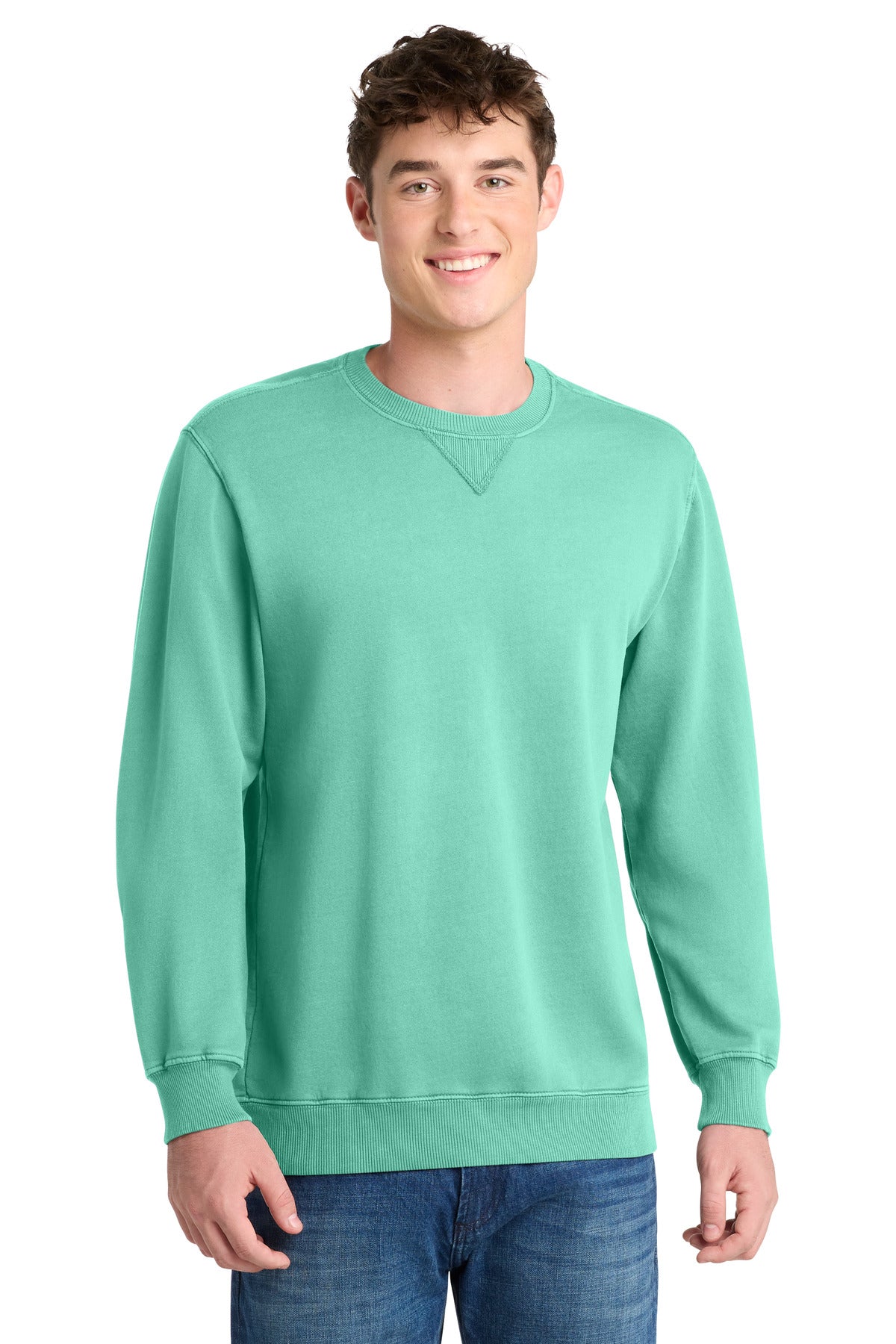 Front View of CoolMint Port & Co Beach Wash Garment-Dyed Crewneck Sweatshirt PC098