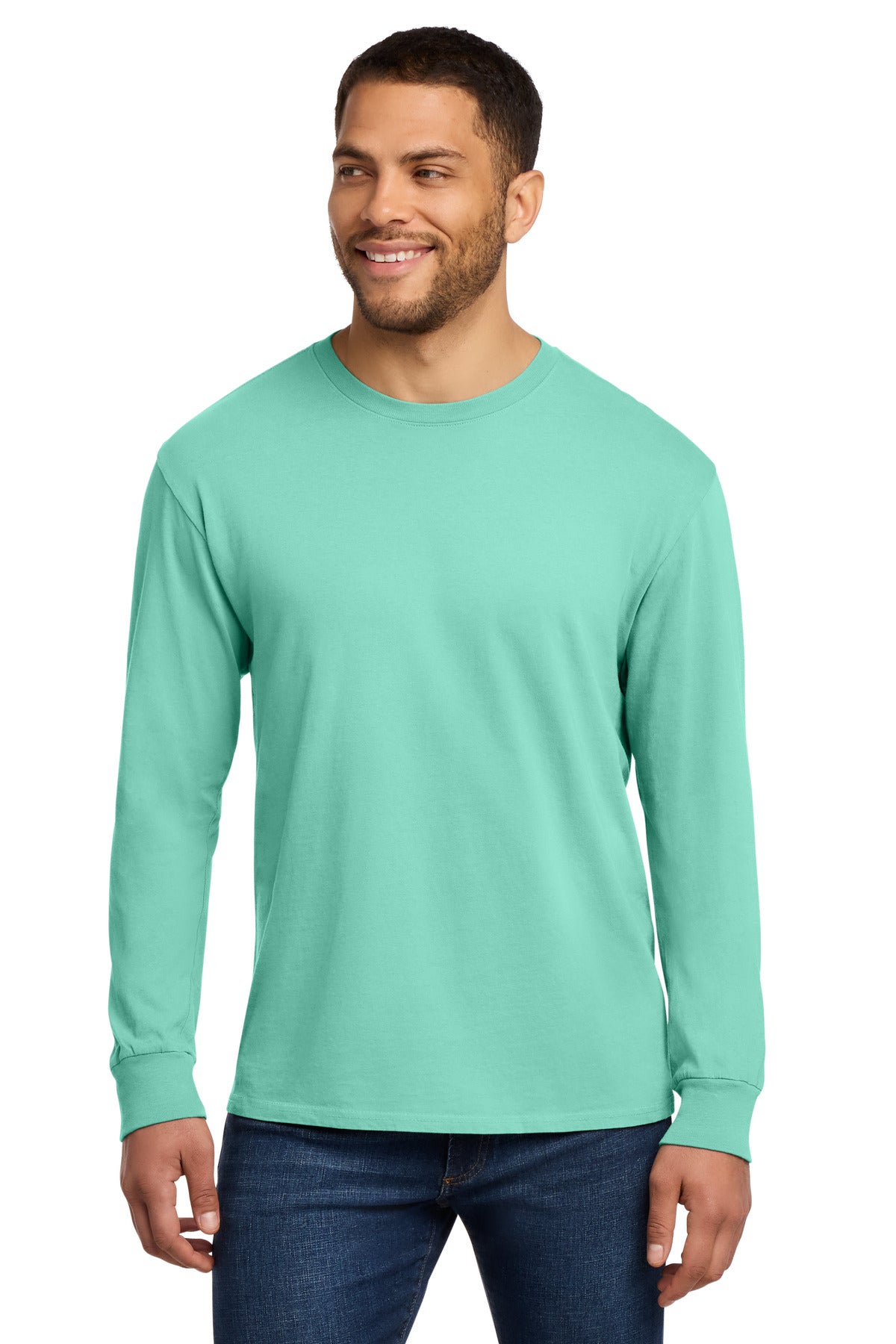 Front View of CoolMint Port & Co Beach Wash Garment-Dyed Long Sleeve Tee PC099LS