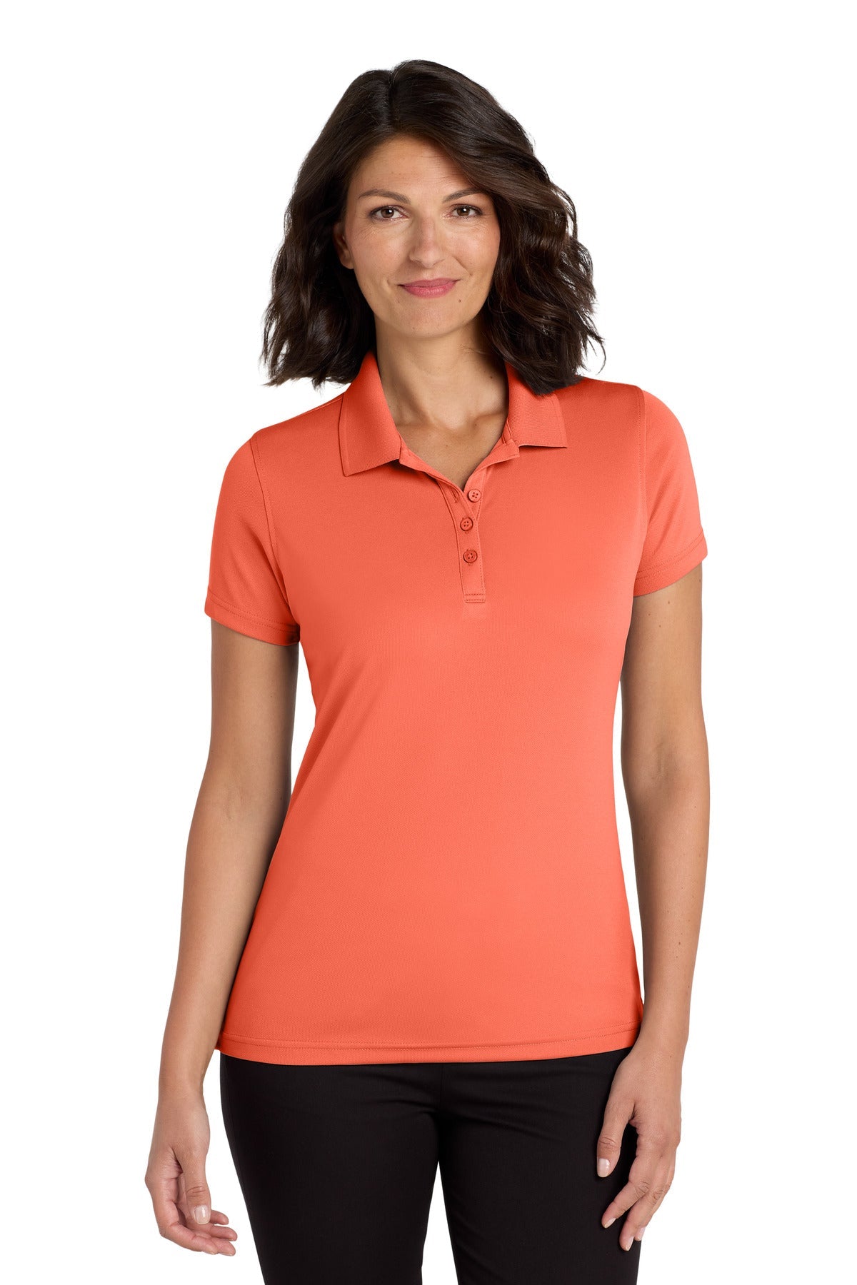 Front View of Coral Splash Port Authority Women's Dry Zone UV Micro-Mesh Polo. LK110