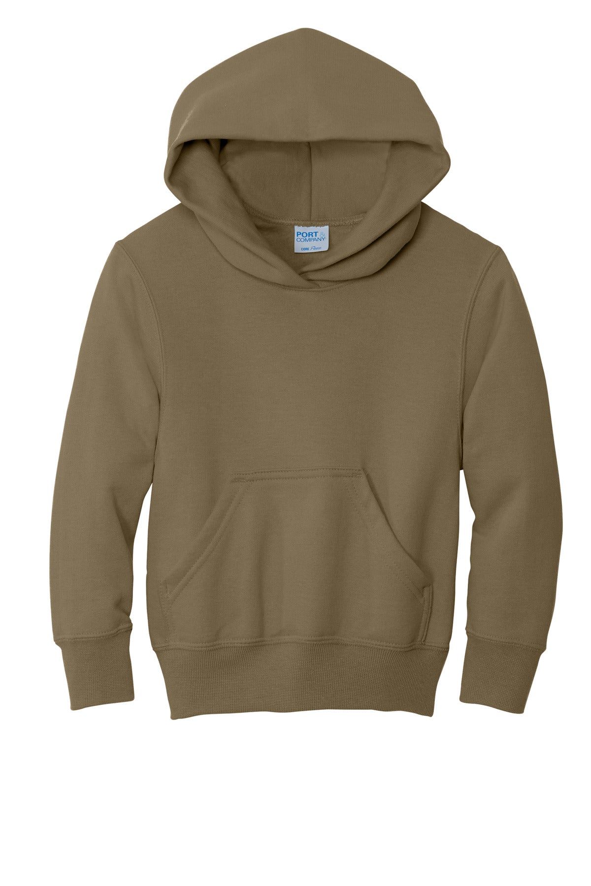 Front View of Coyote Brown Port & Co Youth Core Fleece Pullover Hooded Sweatshirt. PC90YH