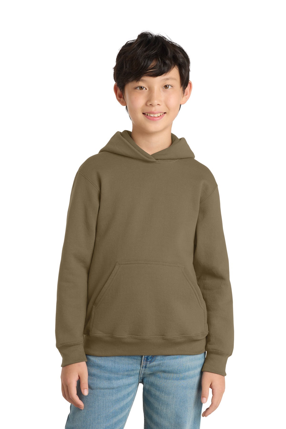 Front View of Coyote Brown Port & Co Youth Core Fleece Pullover Hooded Sweatshirt. PC90YH