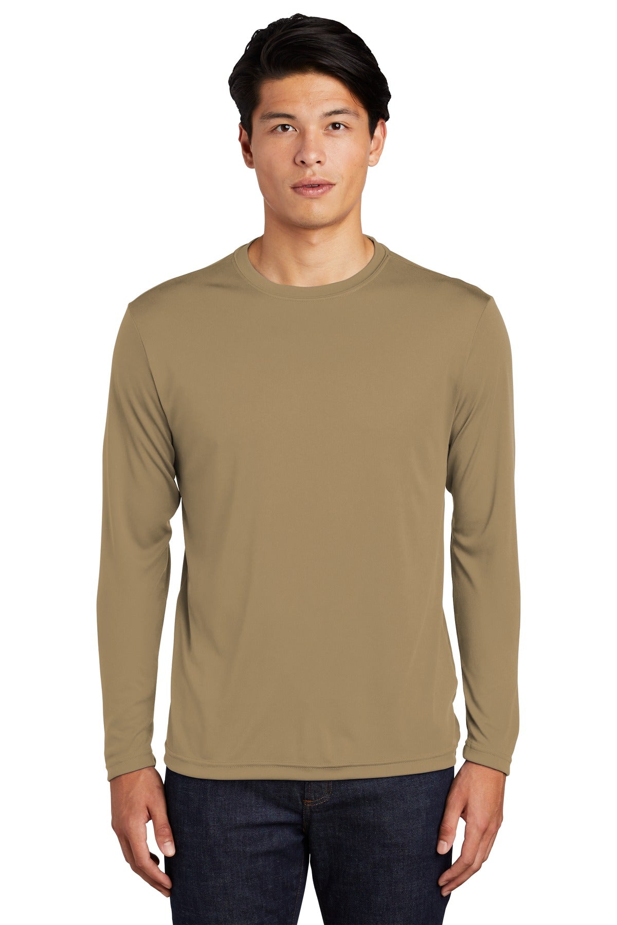Front View of Coyote Brown Sport-Tek Long Sleeve PosiCharge Competitor Tee. ST350LS