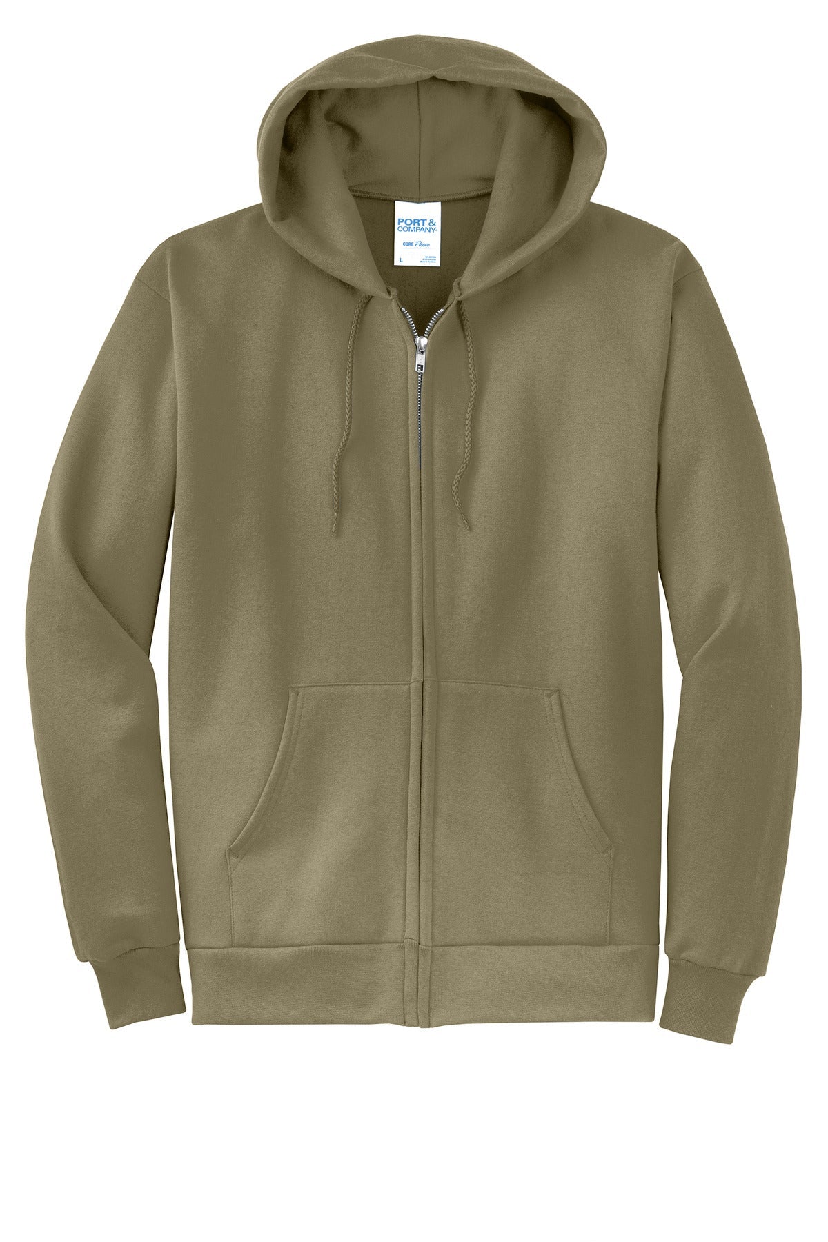 Front View of CoyoteBrn Port & Co Core Fleece Full-Zip Hooded Sweatshirt. PC78ZH