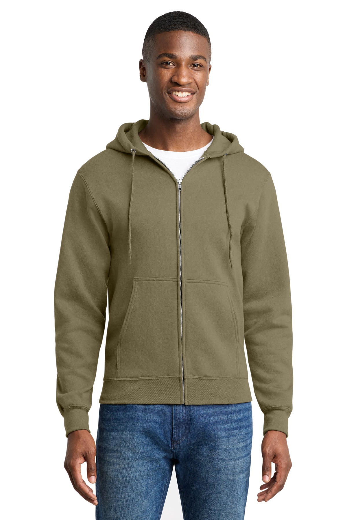 Front View of CoyoteBrn Port & Co Core Fleece Full-Zip Hooded Sweatshirt. PC78ZH