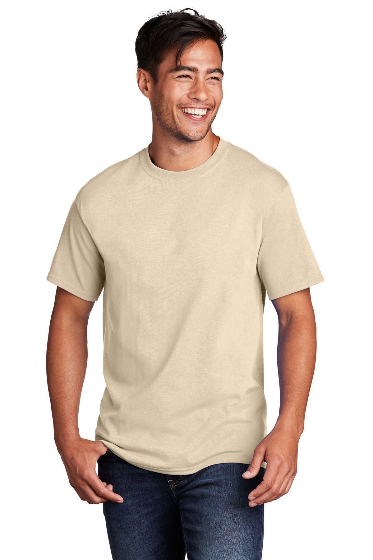 Front View of Creme Port & Co Core Cotton Tee. PC54