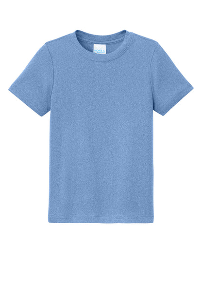 Front View of CrlnaBlHtr Port & Co Youth Heather Performance Tee PC390Y