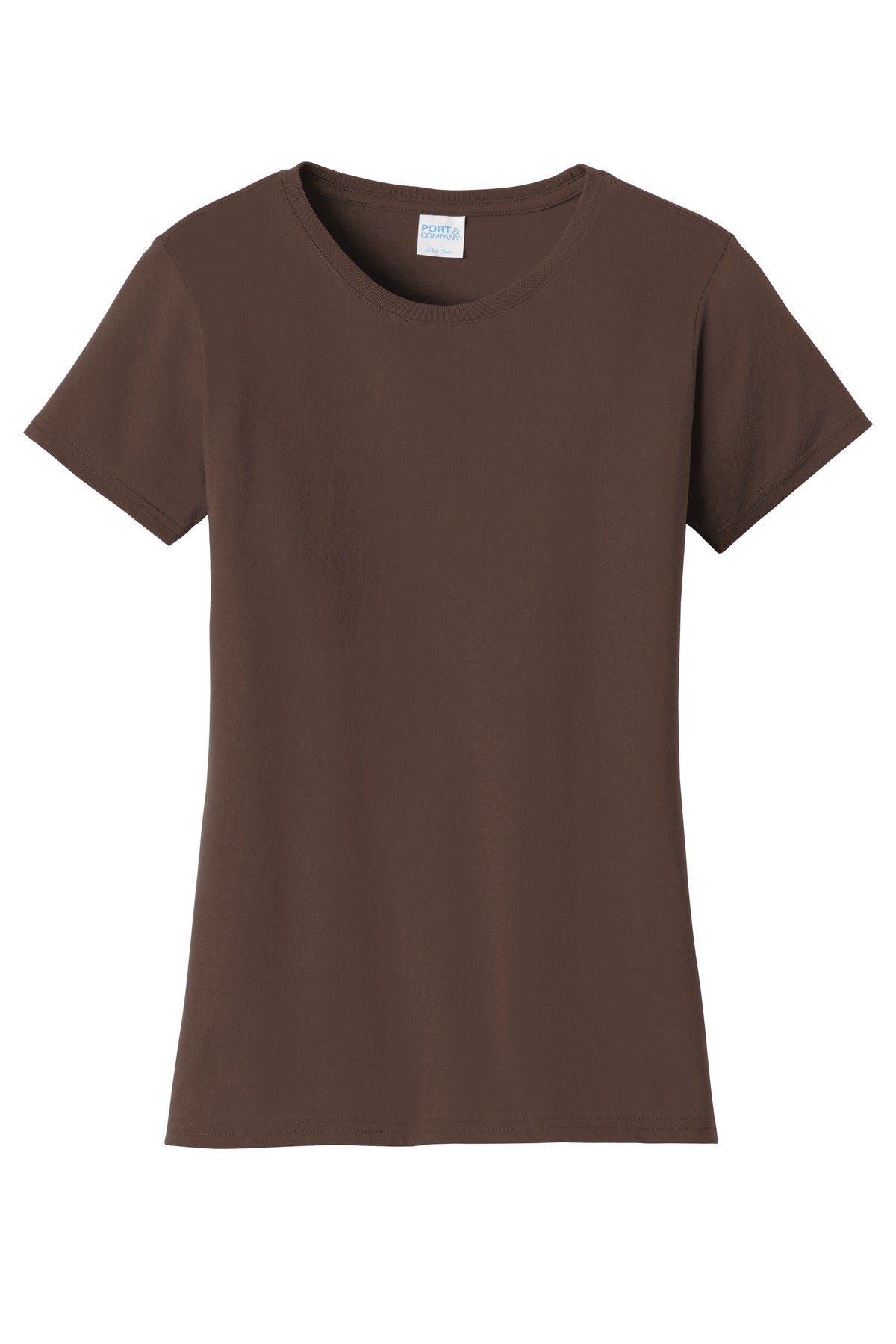 Front View of Dark Choc Brn Port & Co Women's Fan Favorite Tee. LPC450