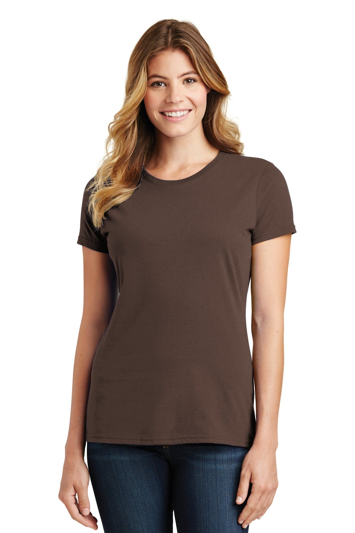 Front View of Dark Choc Brn Port & Co Women's Fan Favorite Tee. LPC450