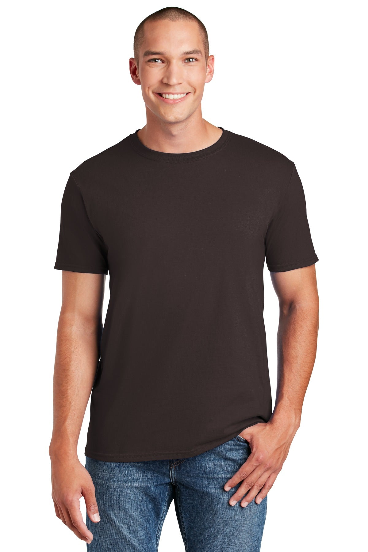 Front View of Dark Chocolate Gildan Softstyle T-Shirt. 64000