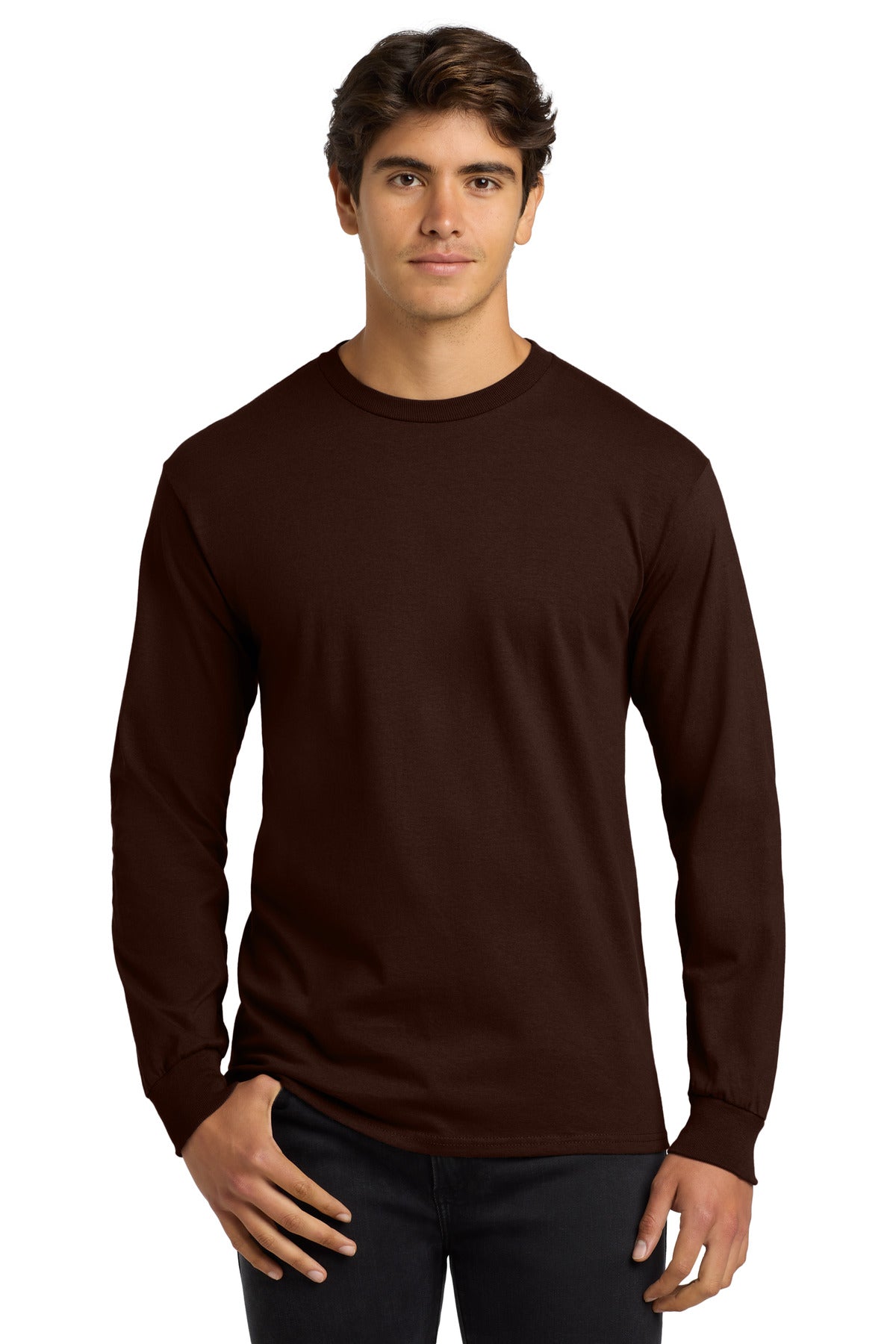 Front View of Dark Chocolate Gildan - Ultra Cotton 100% US Cotton Long Sleeve T-Shirt. G2400