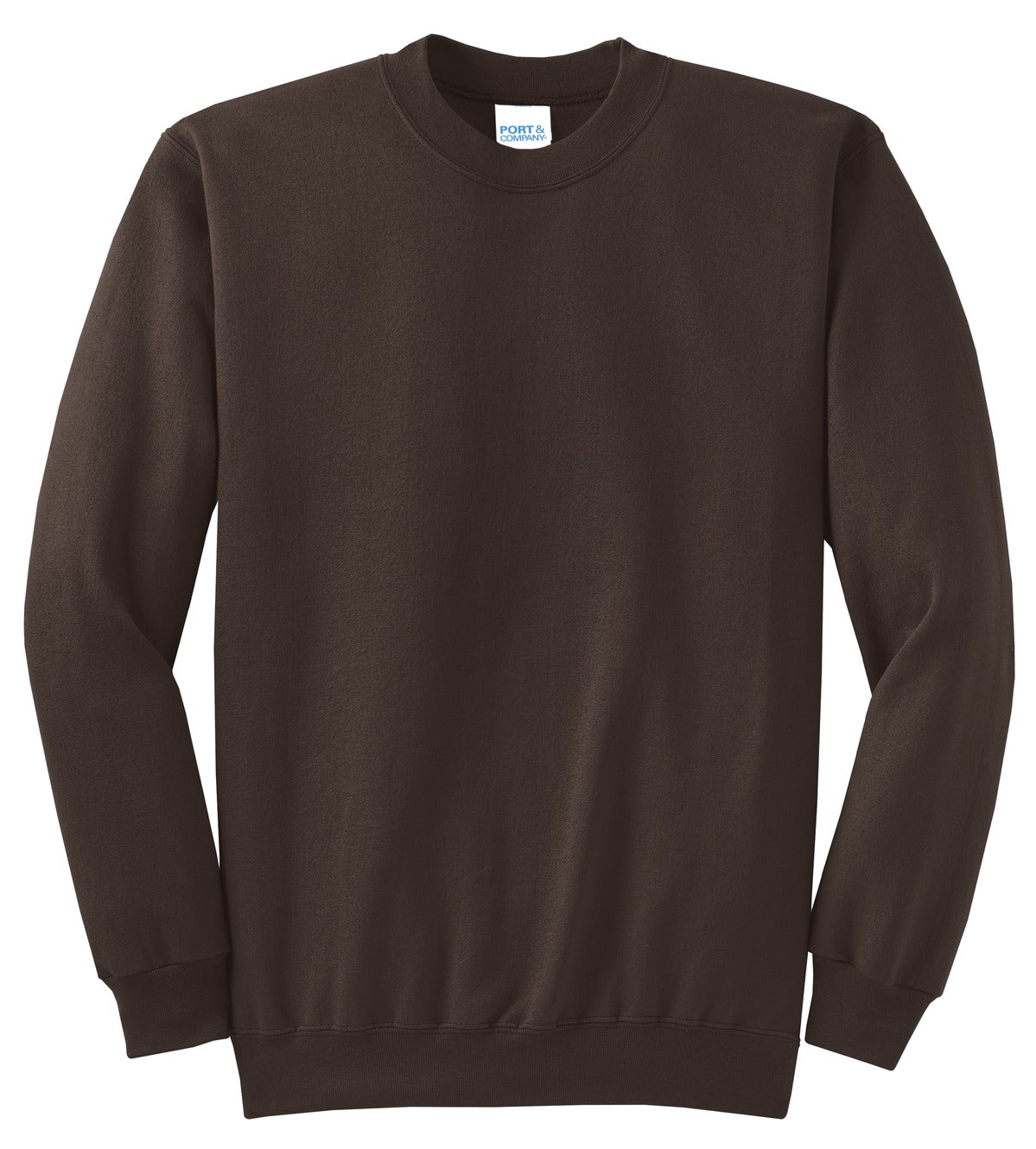 Front View of Dark Chocolate Port & Co Core Fleece Crewneck Sweatshirt. PC78